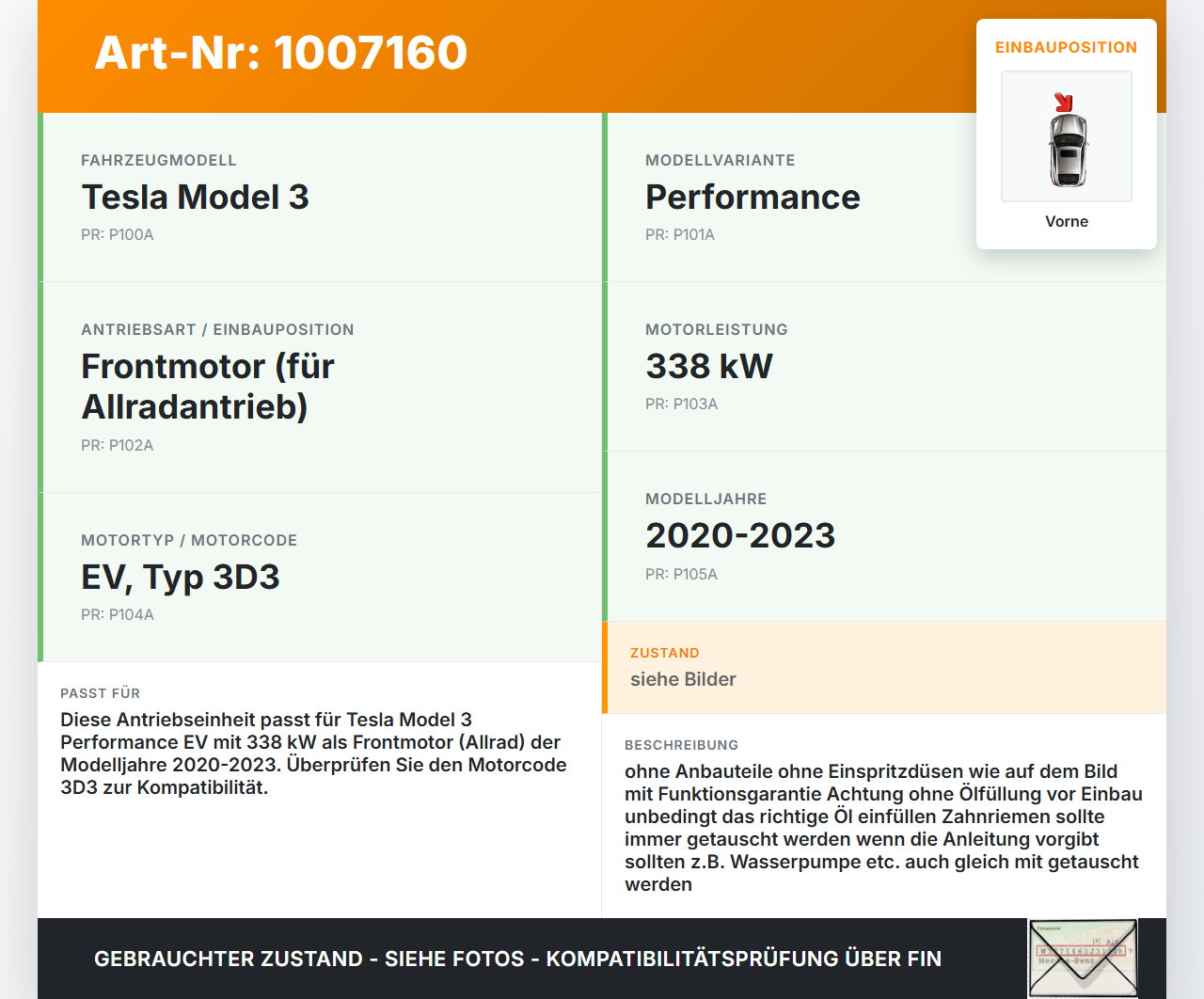 Tesla Model 3 Perf 20-23 EV  338KW Motor Triebwerk 3D3 Frontmotor Antriebseinheit Vorne Tesla Model 3 Perf 20-23... Vorschau 3