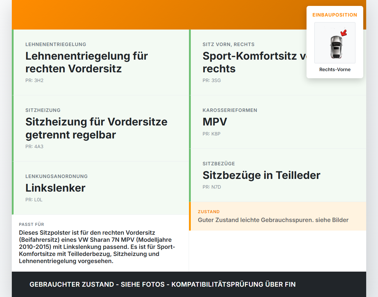 VW Sharan 7N II 10-15 Sitzbezug Sitzpolster für Beifahrersitz Sitz Rechts Vorne beheizt VW Sharan 7N II 10-15... Vorschau 3
