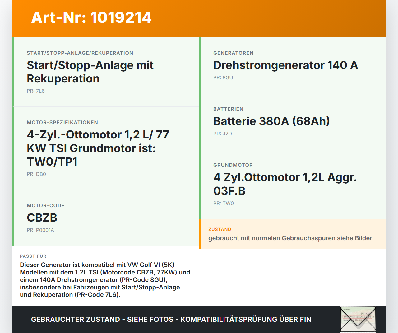 VW Golf 6 VI 5K 08-12 1,2 77KW Lichtmaschine Generator 140A VW Golf 6 VI 5K 08-12 15.06.2011 03C903025F 0124525200... Vorschau 3