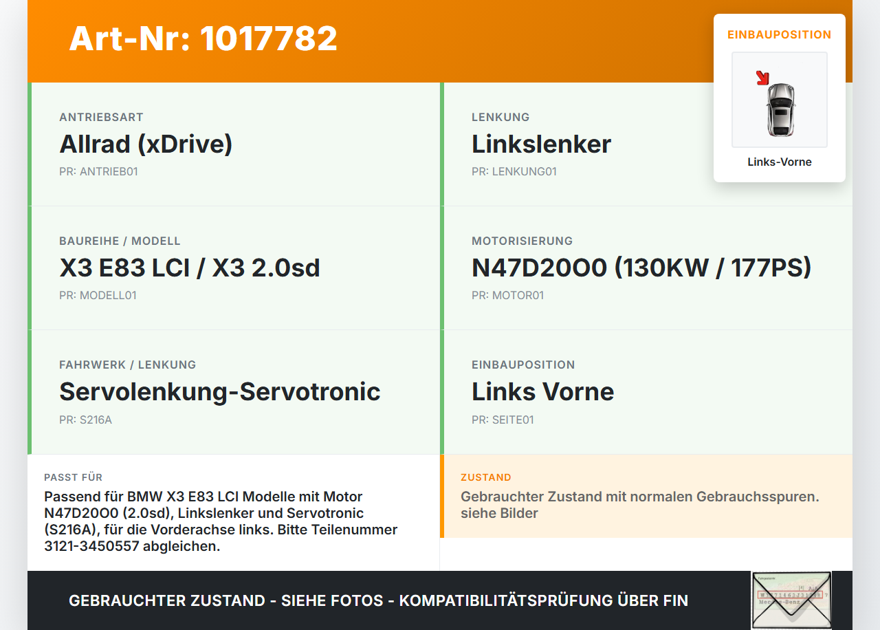 BMW X3 E83 18d LCI 08-11 2,0sd 120KW Achsschenkel Radnabe Links Vorne BMW X3 E83 18d LCI 08-11 08.12.2009... Vorschau 3