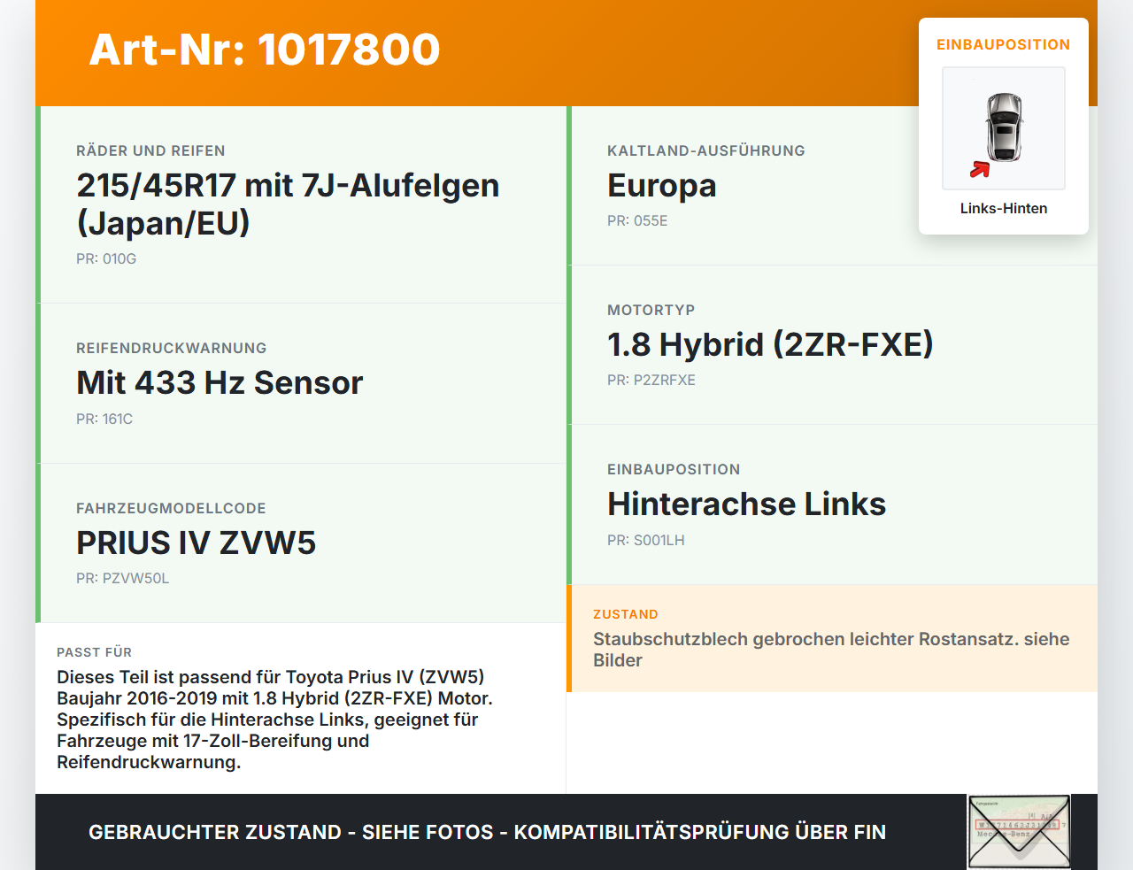 Toyota Prius IV ZVW5 16-19  Hybrid VVT-i 1,8 72KW Achsschenkel Radnabe Links Hinten Toyota Prius IV ZVW5 16-19... Vorschau 3