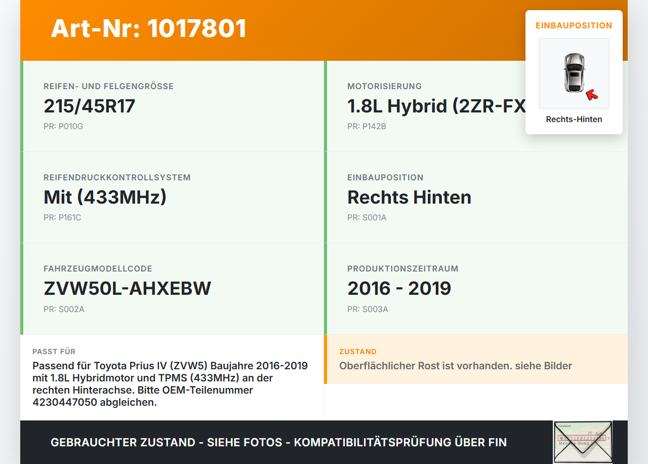 Toyota Prius IV ZVW5 16-19  Hybrid VVT-i 1,8 72KW Achsschenkel Radnabe Rechts Hinten Toyota Prius IV ZVW5 16-19... Vorschau 3