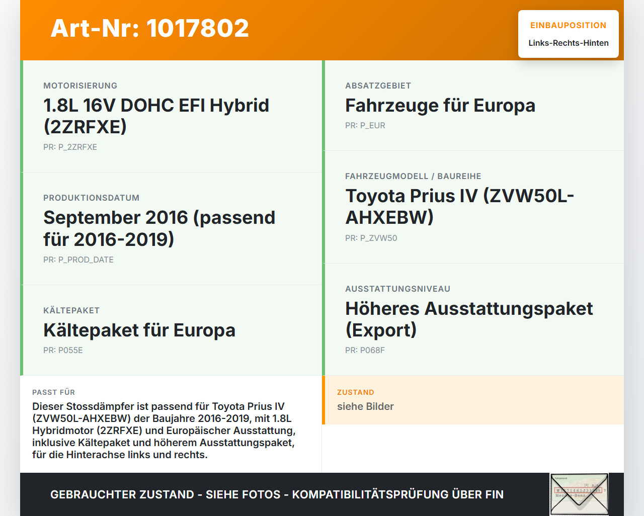 Toyota Prius IV ZVW5 16-19 Stossdämpfer Links und Rechts Hinten Toyota Prius IV ZVW5 16-19 02.09.2016 4853080789... Vorschau 3