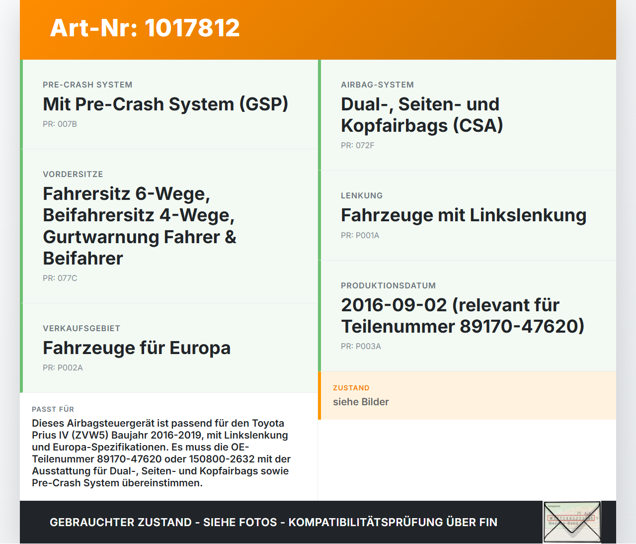 Toyota Prius IV ZVW5 16-19 Airbag Steuergerät Airbagsteuergerät Toyota Prius IV ZVW5 16-19 02.09.2016 8917047620... Vorschau 3