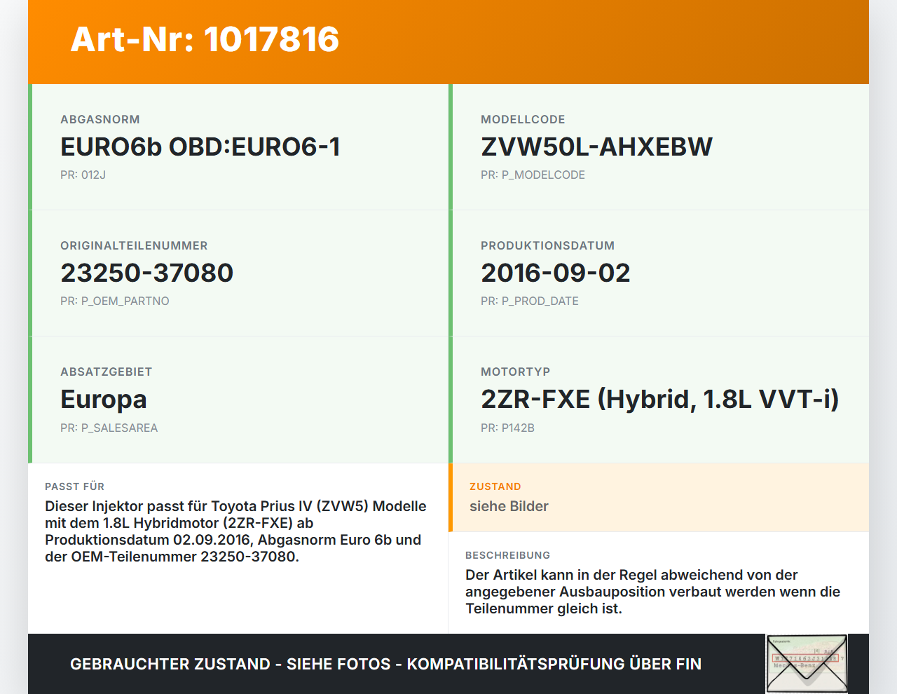 Toyota Prius IV ZVW5 16-19 Hybrid VVT-i 1,8 72KW Injektor Einspritzdüse Zyl.3 Toyota Prius IV ZVW5 16-19 02.09.2016... Vorschau 3
