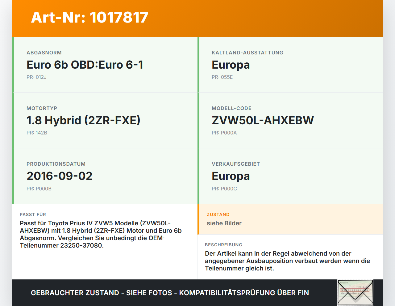 Toyota Prius IV ZVW5 16-19 Hybrid VVT-i 1,8 72KW Injektor Einspritzdüse Zyl.3 Toyota Prius IV ZVW5 16-19 02.09.2016... Vorschau 3