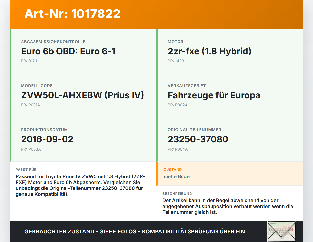 Toyota Prius IV ZVW5 16-19 Hybrid VVT-i 1,8 72KW Injektor Einspritzdüse Zyl.2 Toyota Prius IV ZVW5 16-19 02.09.2016... Vorschau 3