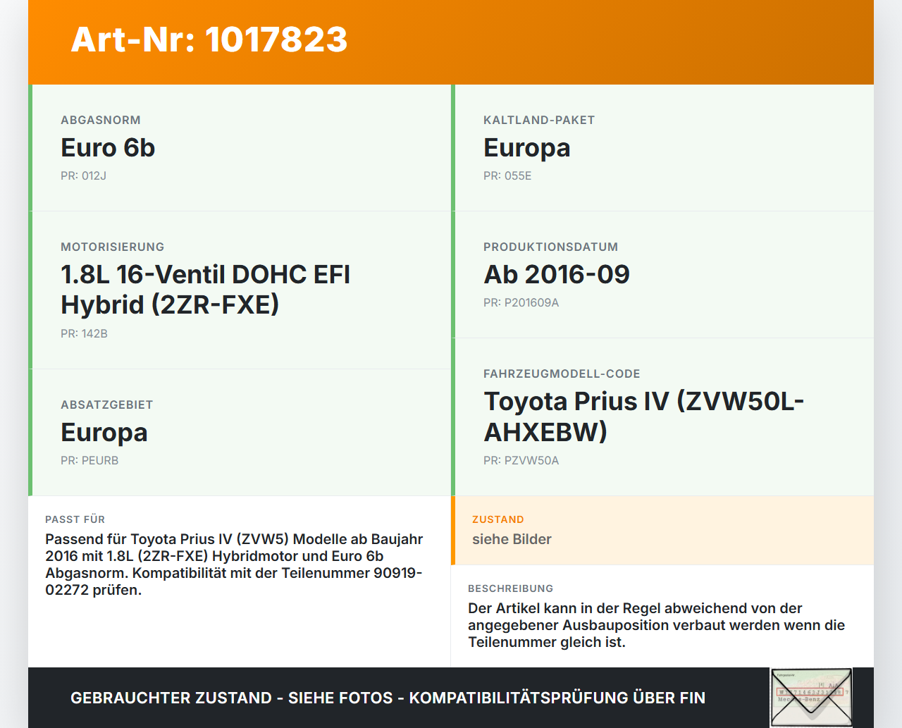 Toyota Prius IV ZVW5 16-19 Hybrid VVT-i 1,8 72KW Zündspule Zyl.4 Toyota Prius IV ZVW5 16-19 02.09.2016 9091902272... Vorschau 3