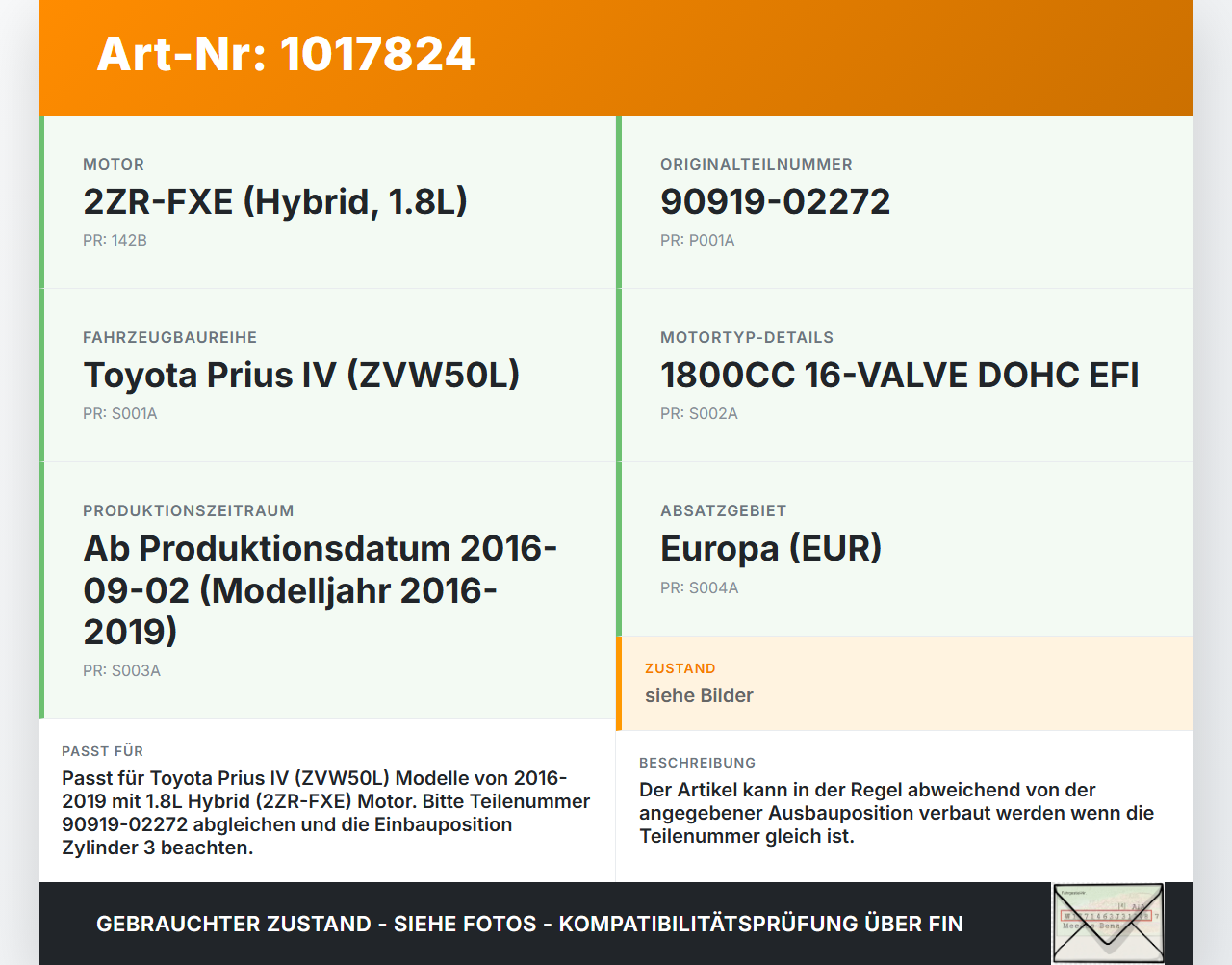 Toyota Prius IV ZVW5 16-19 Hybrid VVT-i 1,8 72KW Zündspule Zyl.3 Toyota Prius IV ZVW5 16-19 02.09.2016 9091902272... Vorschau 3