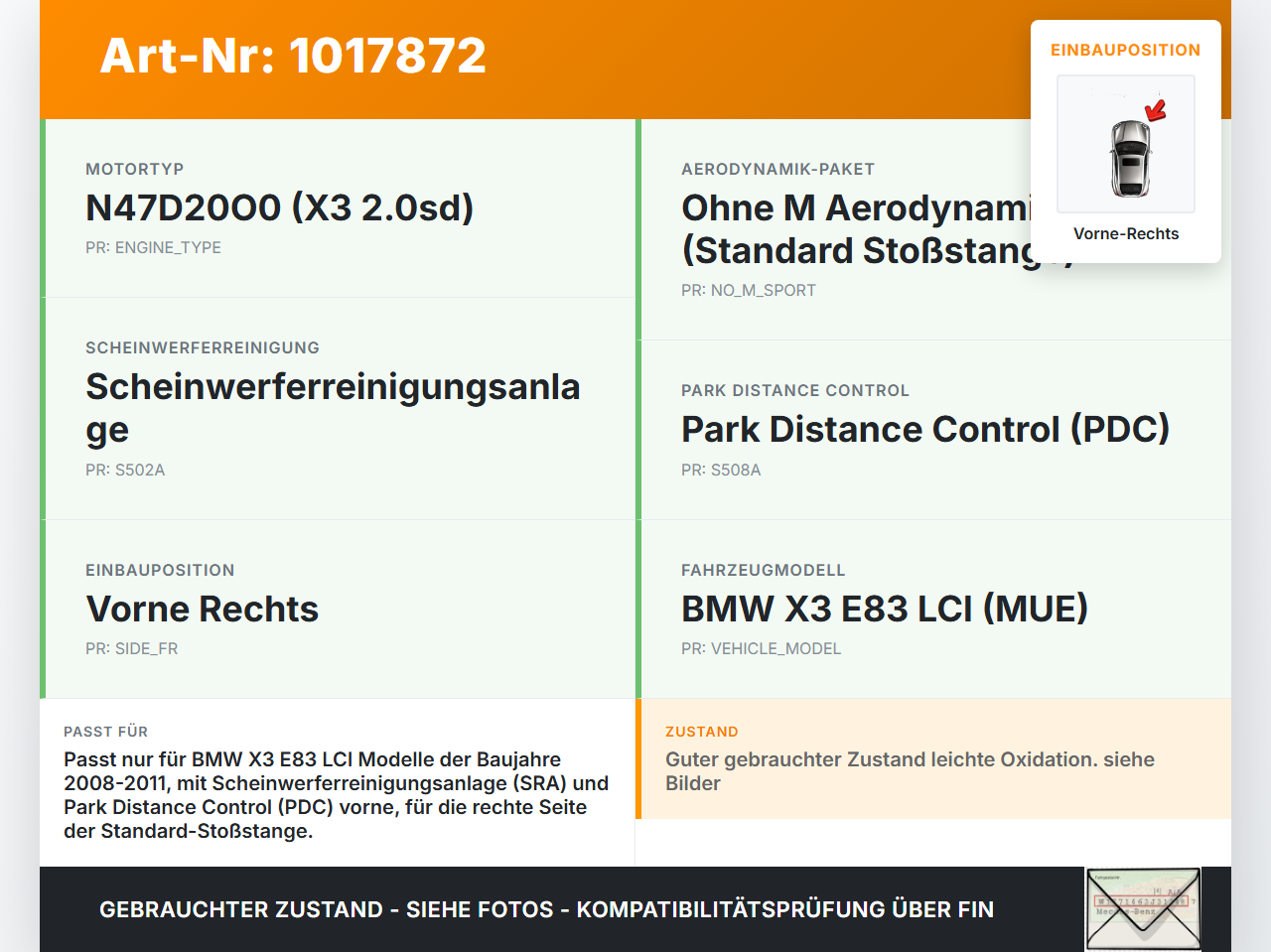 BMW X3 E83 18d LCI 08-11 Stoßstange Pralldämpfer Träger vorne rechts BMW X3 E83 18d LCI 08-11 08.12.2009... Vorschau 3
