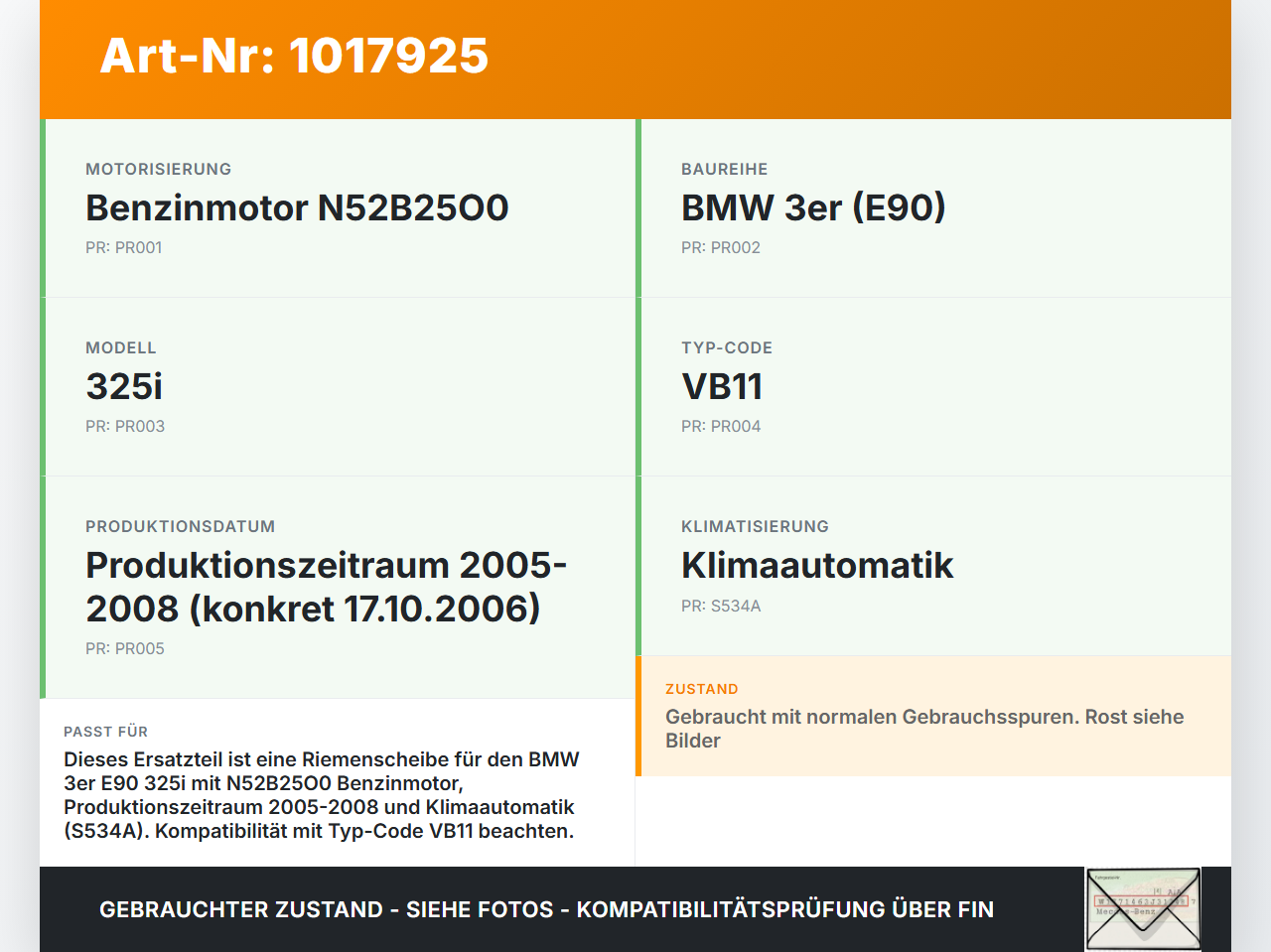 BMW E90 3er 325i 05-08 2,5i 160KW N52B25A N52B25O0 Riemenscheibe BMW E90 3er 325i 05-08 31.10.2006 7558311-07... Vorschau 3