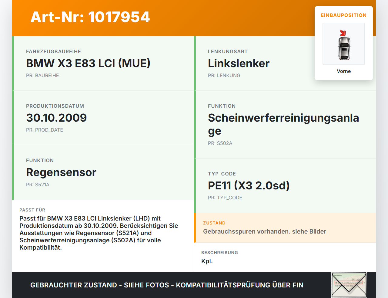 BMW X3 E83 18d LCI 08-11 Wischermotor m. Wischergestänge Vorne BMW X3 E83 18d LCI 08-11 08.12.2009 61617051669... Vorschau 3