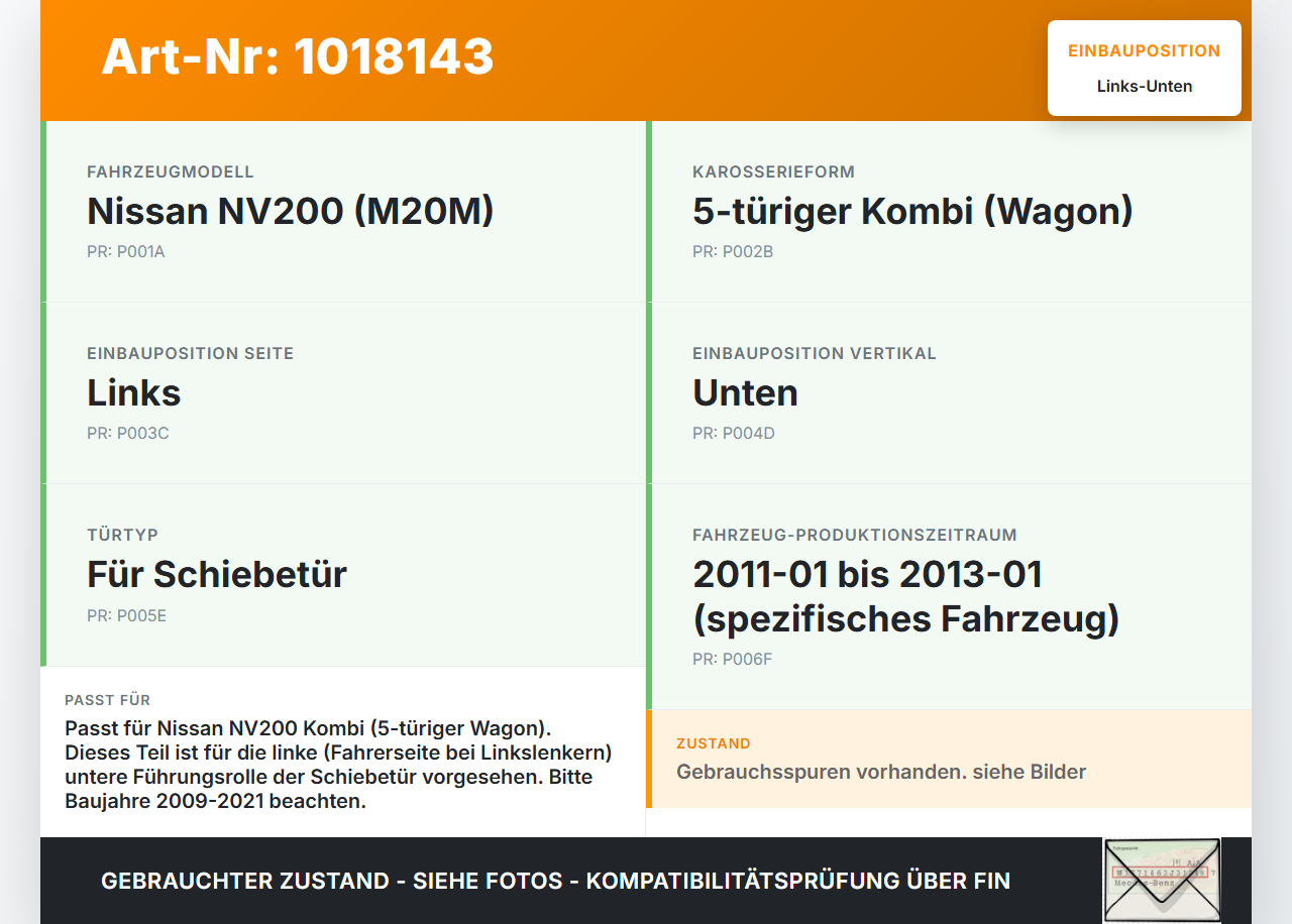 Nissan NV200 09-21 Kombi Führungsrolle für Schiebetür Links Unten Nissan NV200 09-21 09.08.2012 82421JX00B gebraucht Vorschau 3
