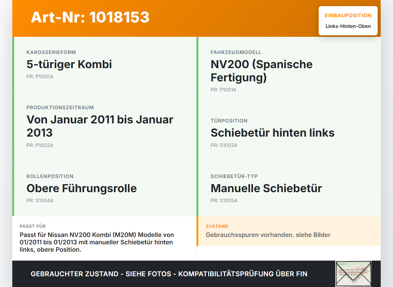 Nissan NV200 09-21 Kombi Führungsrolle für Schiebetür Links Hinten Oben Nissan NV200 09-21 09.08.2012 82411JX00A... Vorschau 3