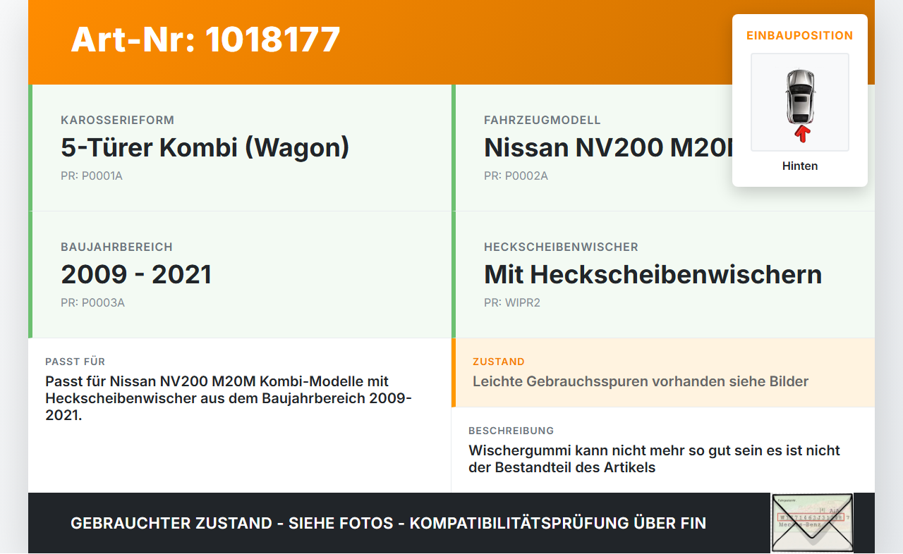 Nissan NV200 09-21 Kombi Heckwischer Scheibenwischer Hinten Wischarm Nissan NV200 09-21 09.08.2012 gebraucht Vorschau 3