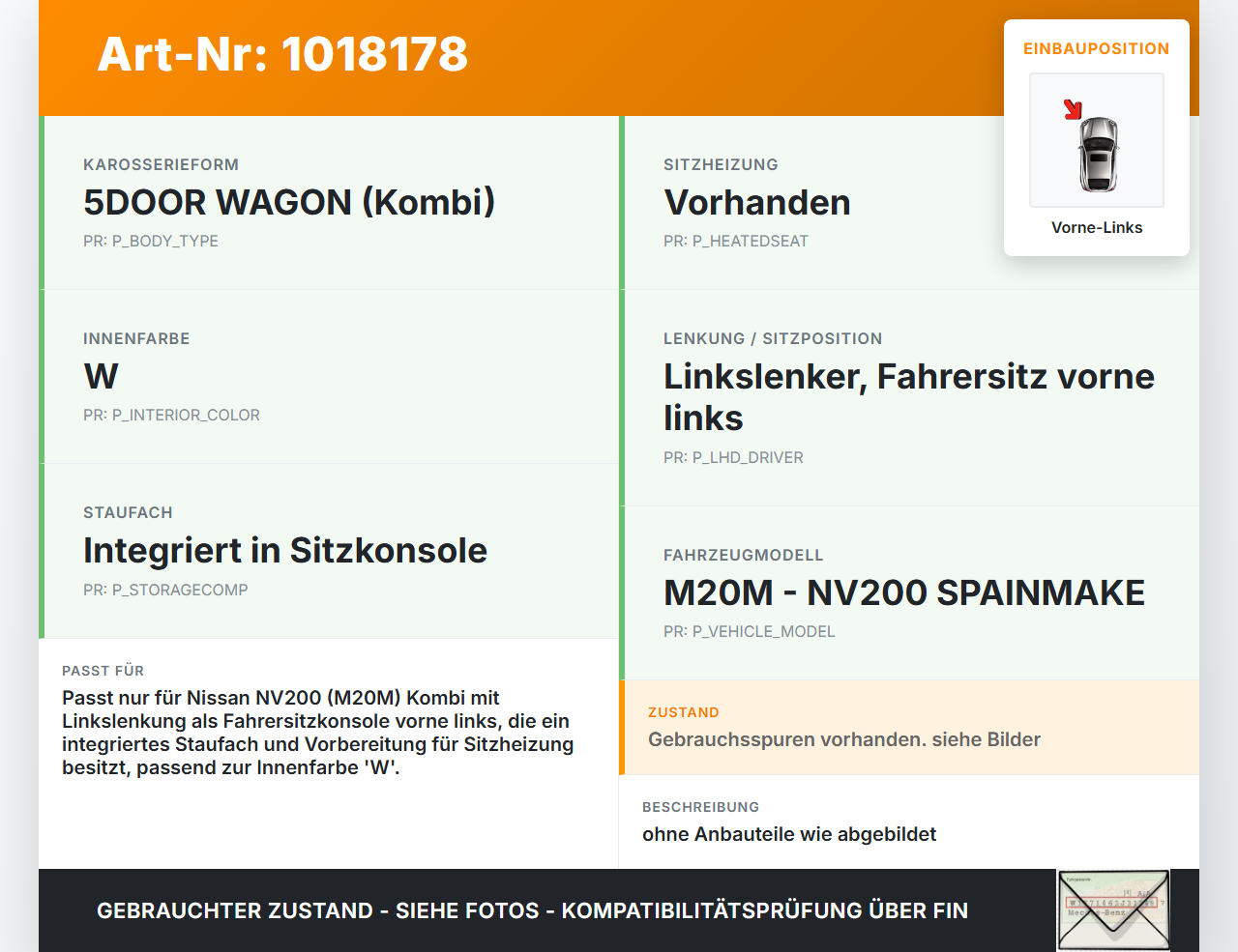 Nissan NV200 09-21 Kombi Beheizt Sitzkonsole für Fahrersitz Vorne Links Staufach Nissan NV200 09-21 09.08.2012... Vorschau 3