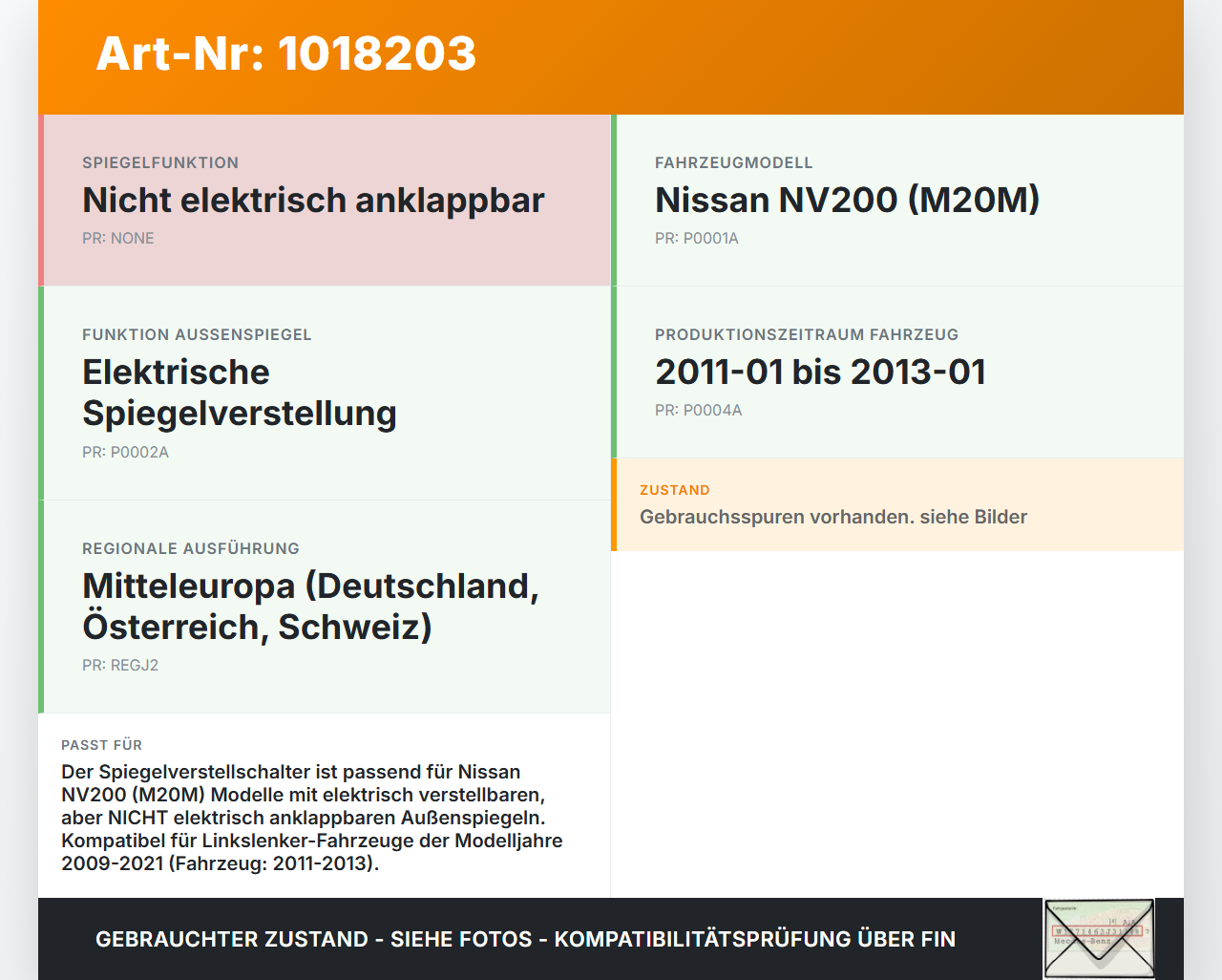 Nissan NV200 09-21 Spiegelverstellung Aussenspiegel Schalter Nissan NV200 09-21 09.08.2012 25570CT01B BJ06A gebraucht Vorschau 3
