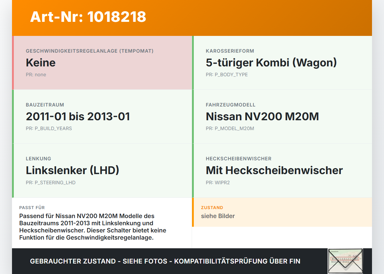 Nissan NV200 09-21 Lenkstockschalter Wischerschalter Wischer Nissan NV200 09-21 09.08.2012 2419SN gebraucht Vorschau 3