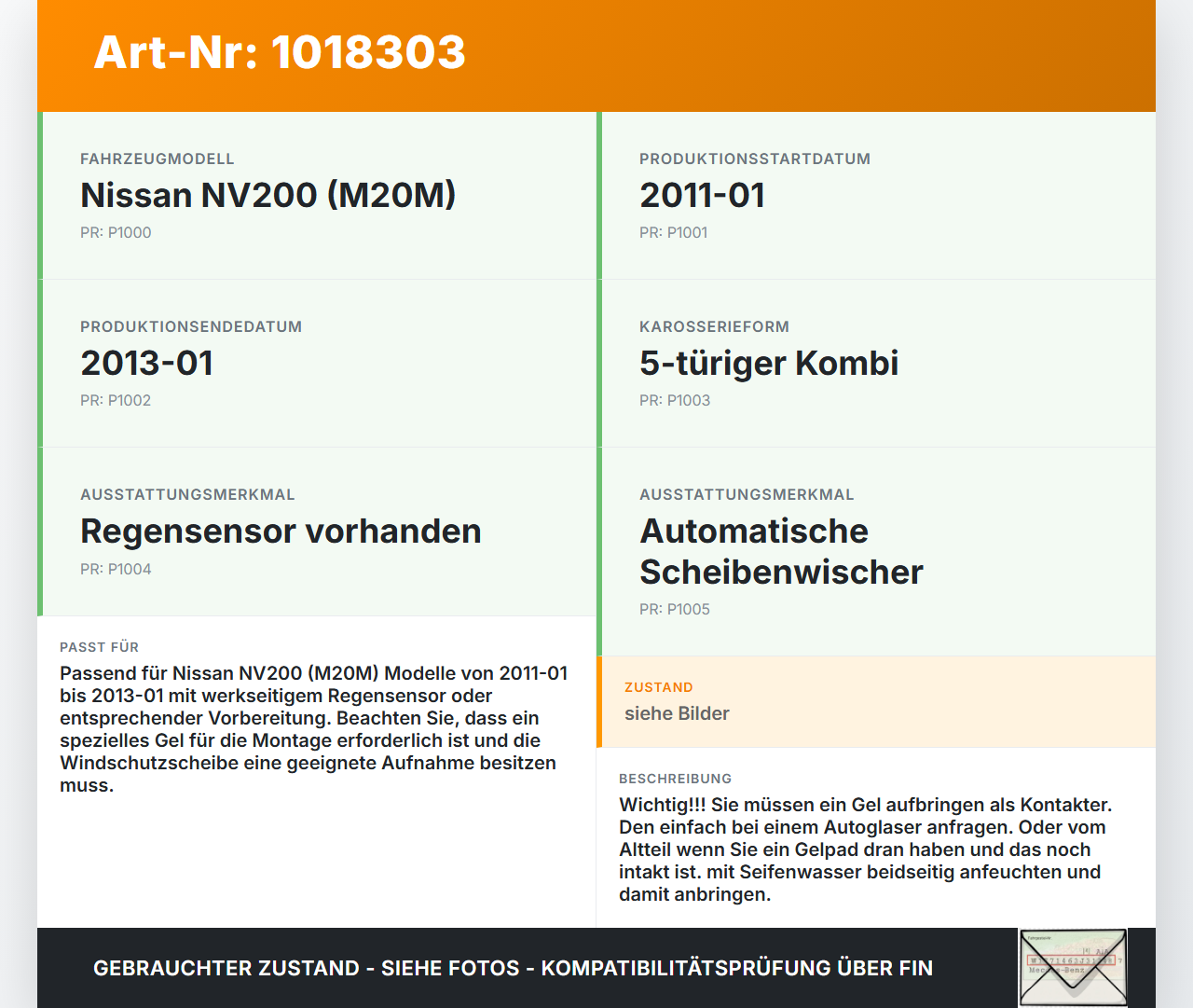 Nissan NV200 09-21 Regensensor Nissan NV200 09-21 09.08.2012 28536JG00B 6RW009207-60 gebraucht Vorschau 3