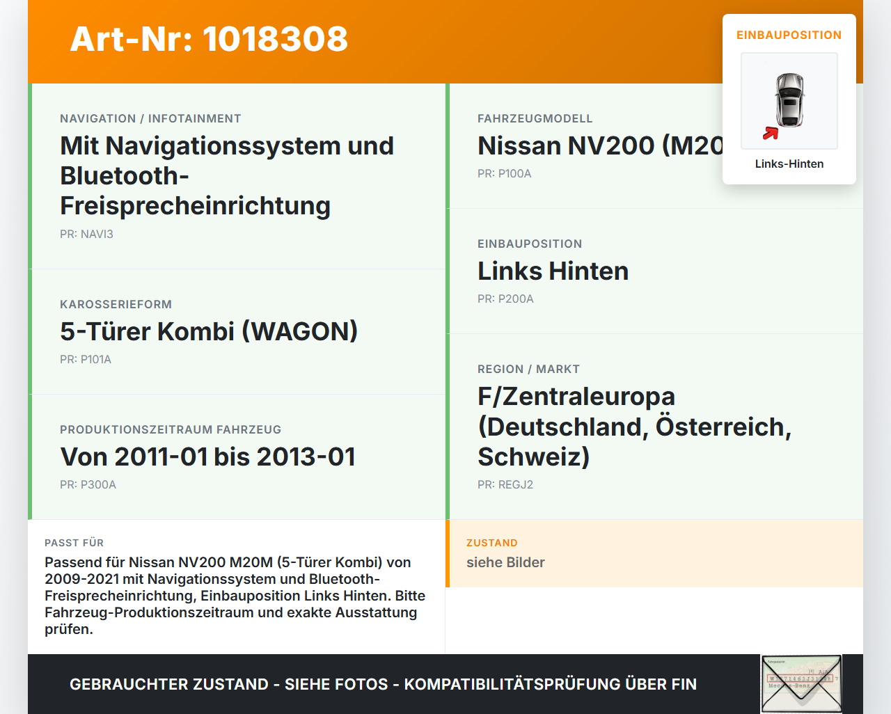 Nissan NV200 09-21 Antennenverstärker Weiche Antenne Links Hinten Nissan NV200 09-21 09.08.2012 gebraucht Vorschau 3