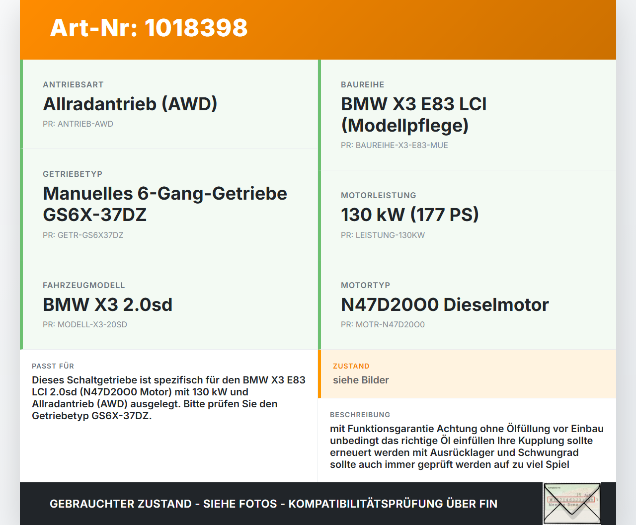 BMW X3 E83 18d LCI 08-11 2,0sd 120KW 4WD GS6X37DZ - HRG Schaltgetriebe Getriebe BMW X3 E83 18d LCI 08-11 08.12.2009... Vorschau 3