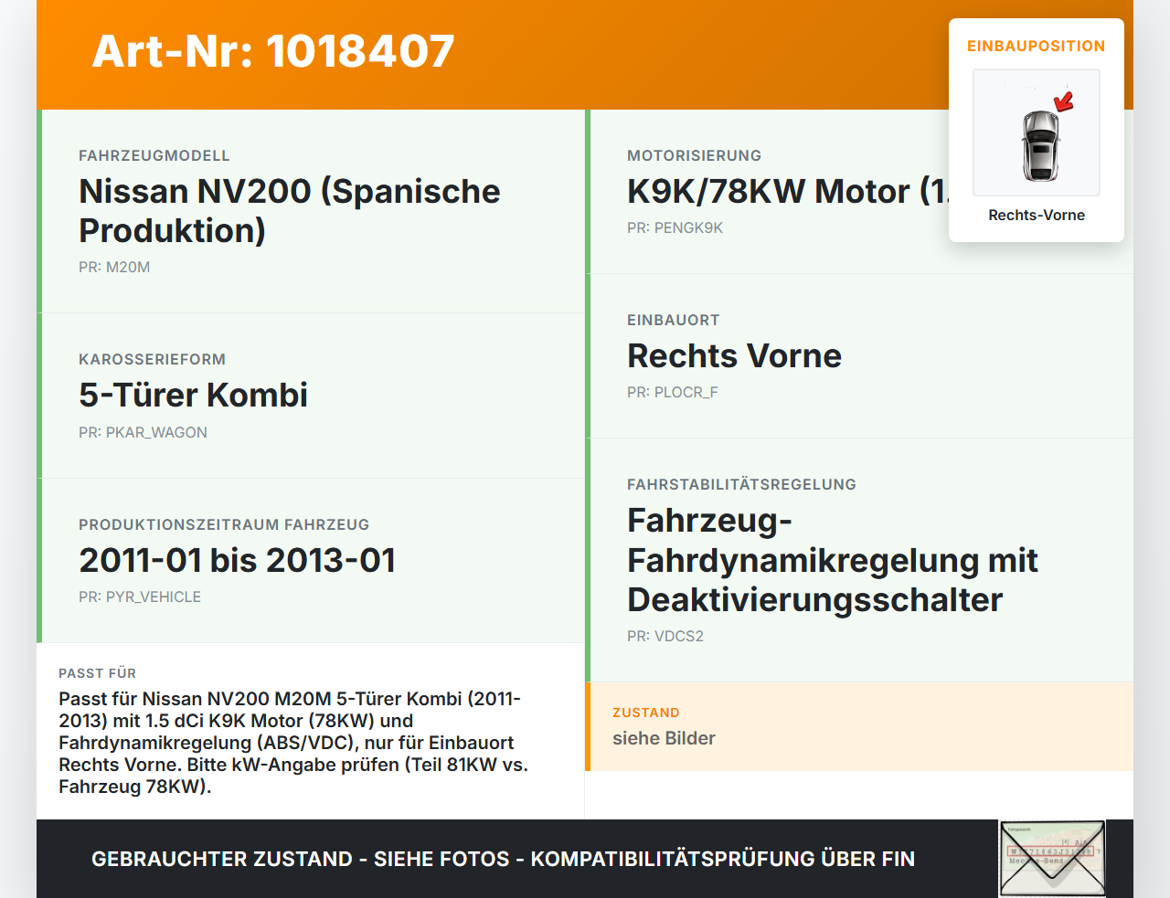 Nissan NV200 09-21 dCi 1,5 81KW Achsschenkel Radnabe mit ABS Rechts Vorne Nissan NV200 09-21 09.08.2012 400143LG0A... Vorschau 3