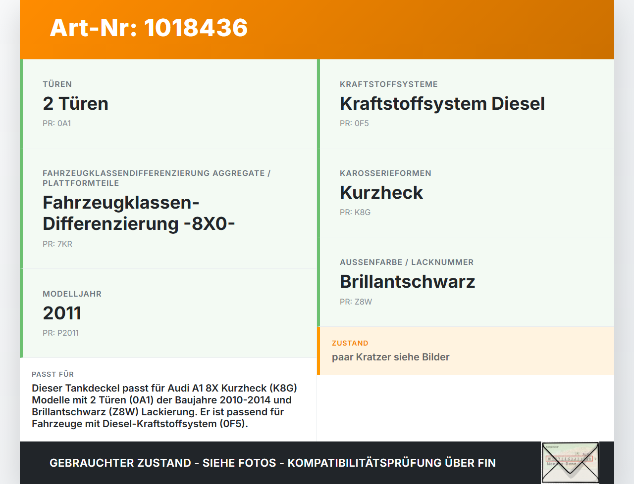 Audi A1 8X 10-14 Tankdeckel Tankklappe 4U / Z8W Audi A1 8X 10-14 08.08.2011 8X0809907 gebraucht Vorschau 3