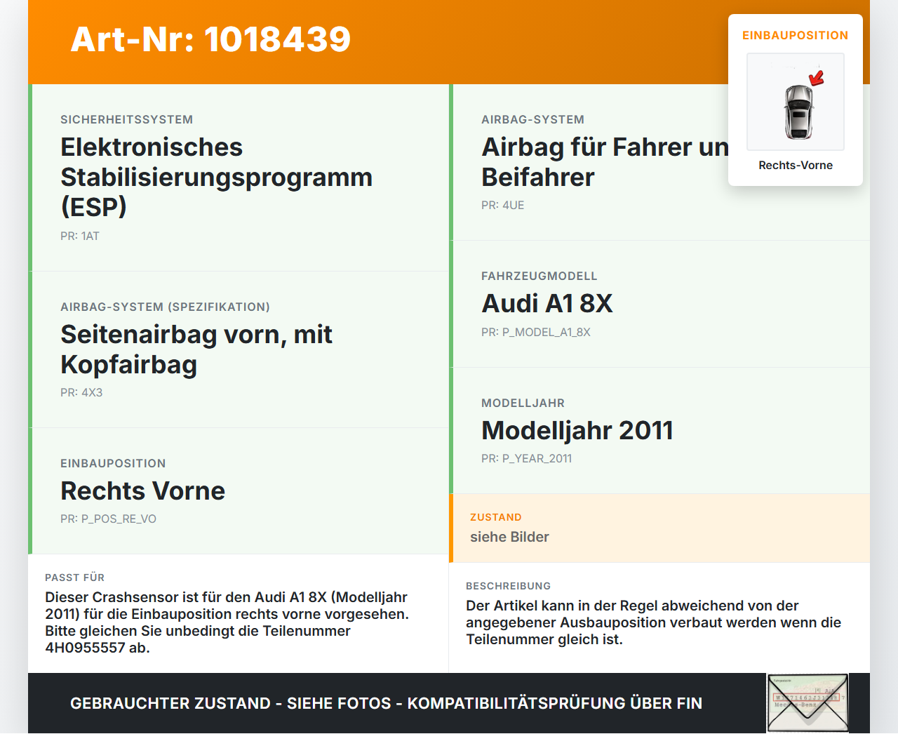 Audi A1 8X 10-14 Sensor für Airbag Crashsensor Airbagsensor Rechts Vorne Audi A1 8X 10-14 08.08.2011 4H0955557 gebraucht Vorschau 3