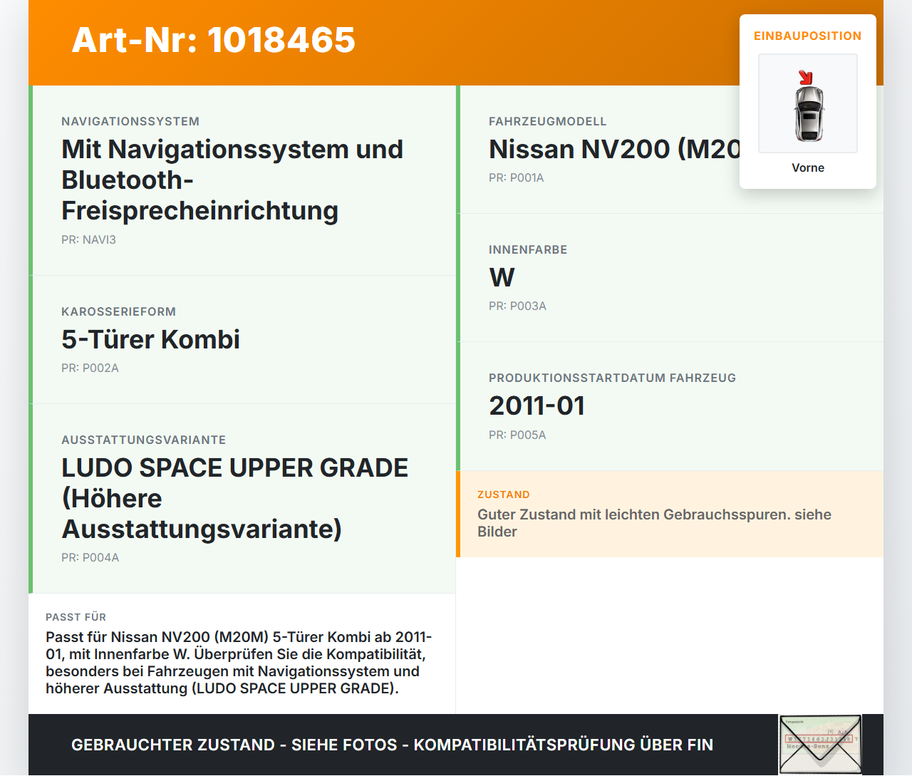 Nissan NV200 09-21 Innenleuchte Innenraumleuchte Vorne Nissan NV200 09-21 09.08.2012 26430BC00B gebraucht Vorschau 3