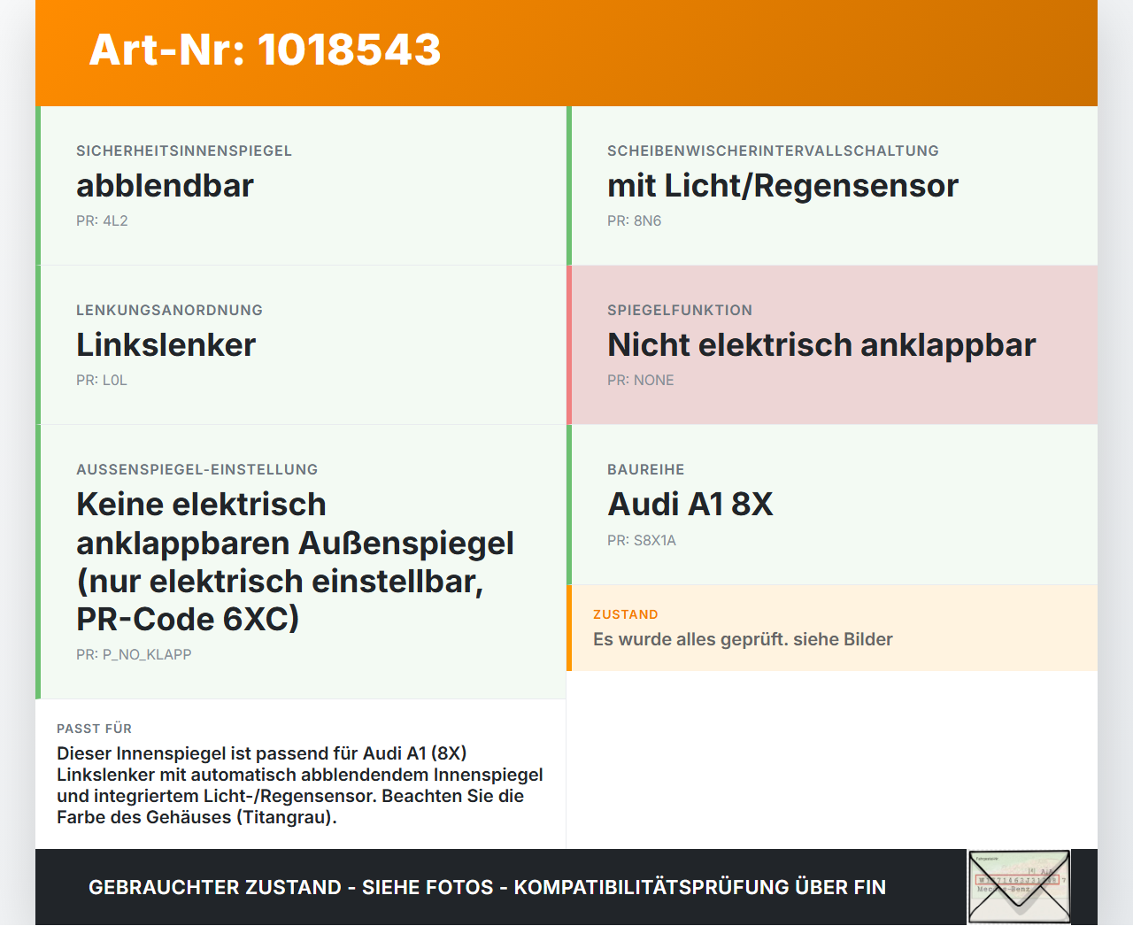 Audi A1 8X 10-14 Innenspiegel Rückspiegel Spiegel Innen Audi A1 8X 10-14 08.08.2011 8X0947135AL 8X0947135ALBC5... Vorschau 3