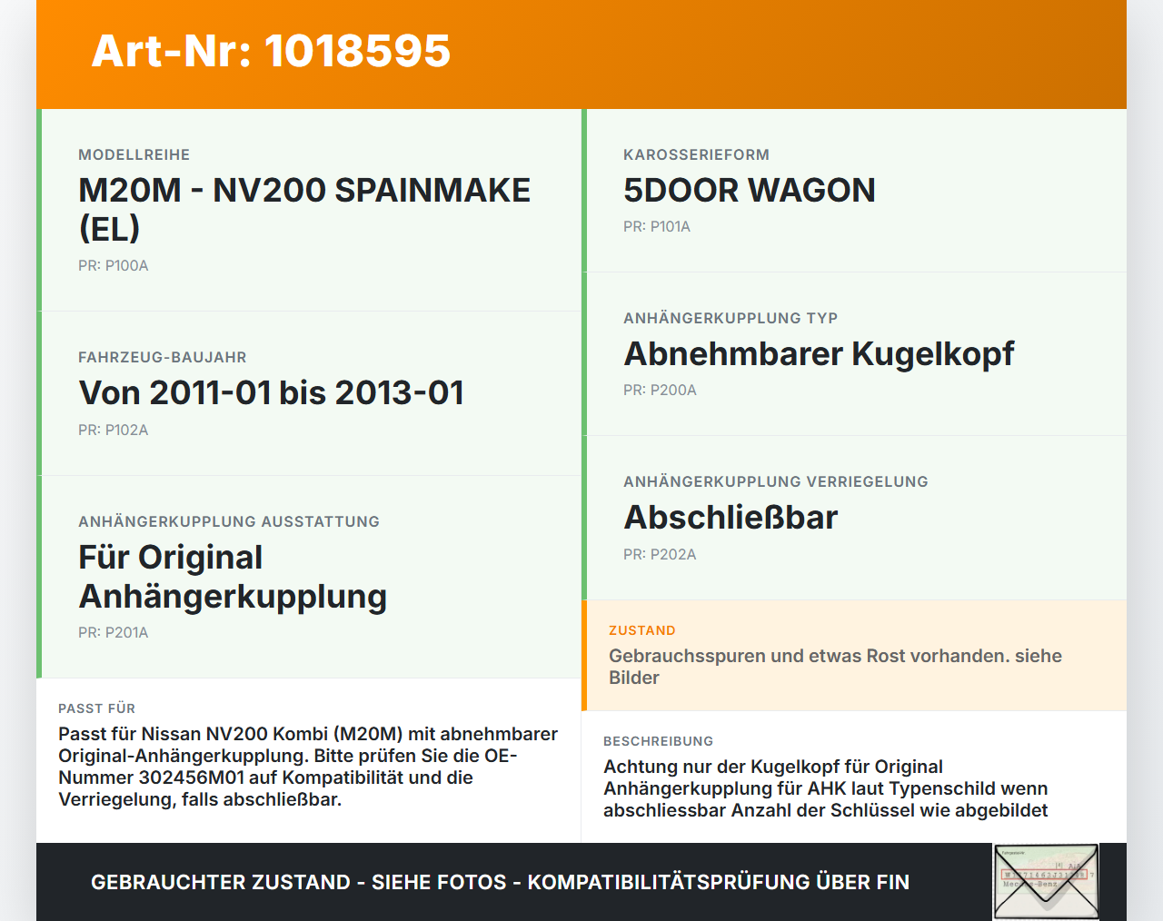 Nissan NV200 09-21 Kombi Abnehmbarer Kugelkopf für Anhängerkupplung AHK 13pol Nissan NV200 09-21 09.08.2012... Vorschau 3