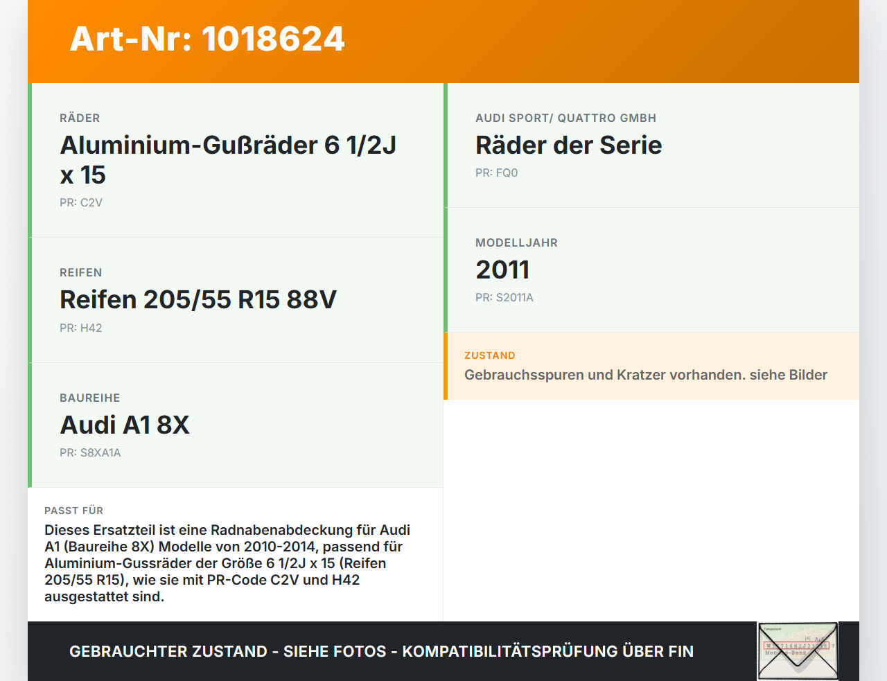 Audi A1 8X 10-14 Radnabenabdeckung Rad Nabenabdeckung Nabenblende Pos.3 Audi A1 8X 10-14 08.08.2011 8X0601165 gebraucht Vorschau 3