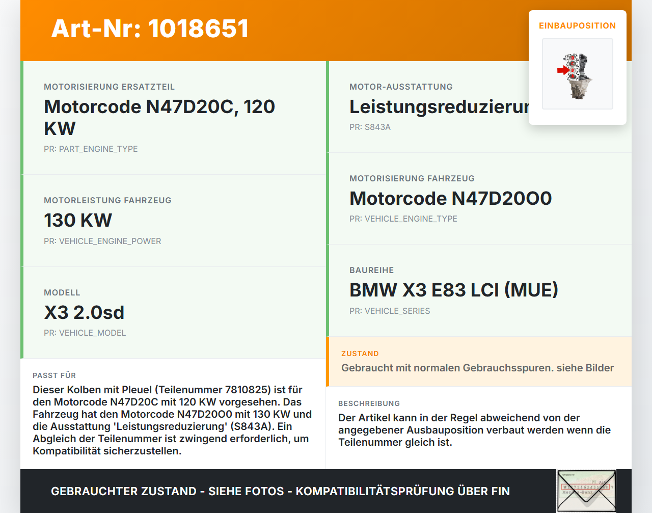 BMW X3 E83 18d LCI 08-11 2,0sd 120KW N47D20C Kolben mit Pleuel Pos B BMW X3 E83 18d LCI 08-11 08.12.2009... Vorschau 3