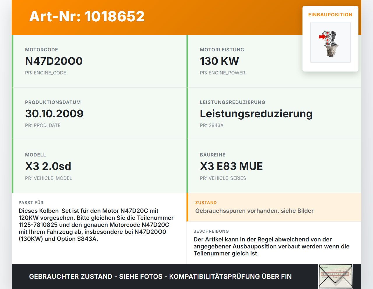 BMW X3 E83 18d LCI 08-11 2,0sd 120KW N47D20C Kolben mit Pleuel Pos C BMW X3 E83 18d LCI 08-11 08.12.2009... Vorschau 3