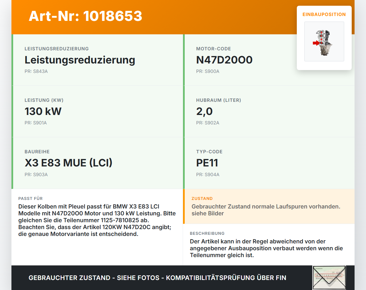 BMW X3 E83 18d LCI 08-11 2,0sd 120KW N47D20C Kolben mit Pleuel Pos A BMW X3 E83 18d LCI 08-11 08.12.2009... Vorschau 3