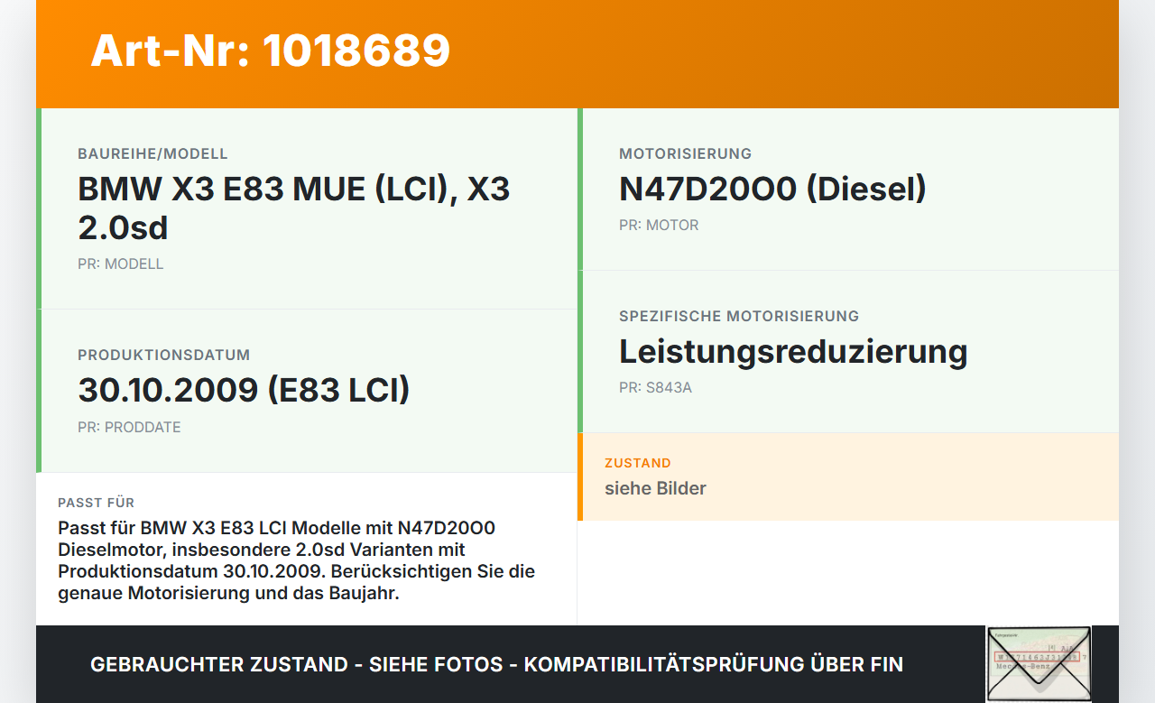 BMW X3 E83 18d LCI 08-11 2,0sd 120KW Railsensor Drucksensor Kraftstoffdruck BMW X3 E83 18d LCI 08-11 08.12.2009... Vorschau 3