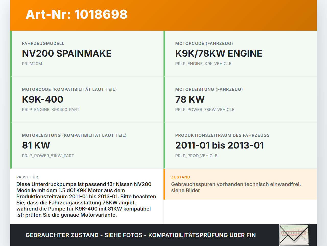 Nissan NV200 09-21 dCi 1,5 81KW K9K-400 Unterdruckpumpe Vakuumpumpe Nissan NV200 09-21 09.08.2012 1465000Q1F 301003... Vorschau 3