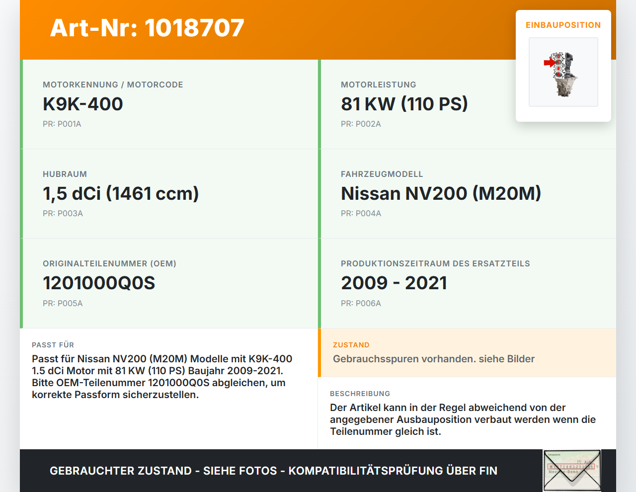 Nissan NV200 09-21 dCi 1,5 81KW K9K-400 Kolben mit Pleuel Pos C Nissan NV200 09-21 09.08.2012 1201000Q0S gebraucht Vorschau 3
