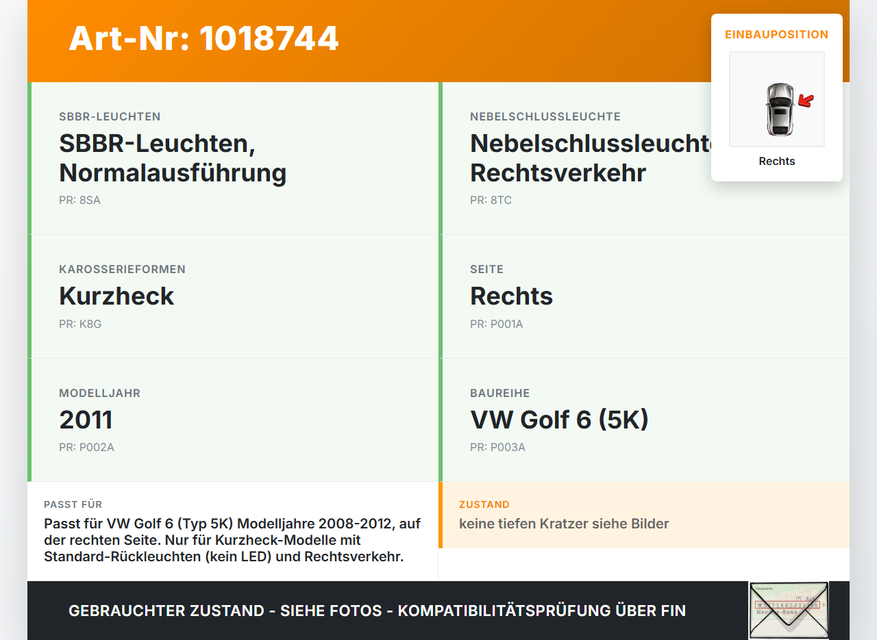VW Golf 6 VI 5K 08-12 5T Rückleuchte Rücklicht Heckleuchte Rechts orig VW Golf 6 VI 5K 08-12 15.06.2011 5K0945096E... Vorschau 3