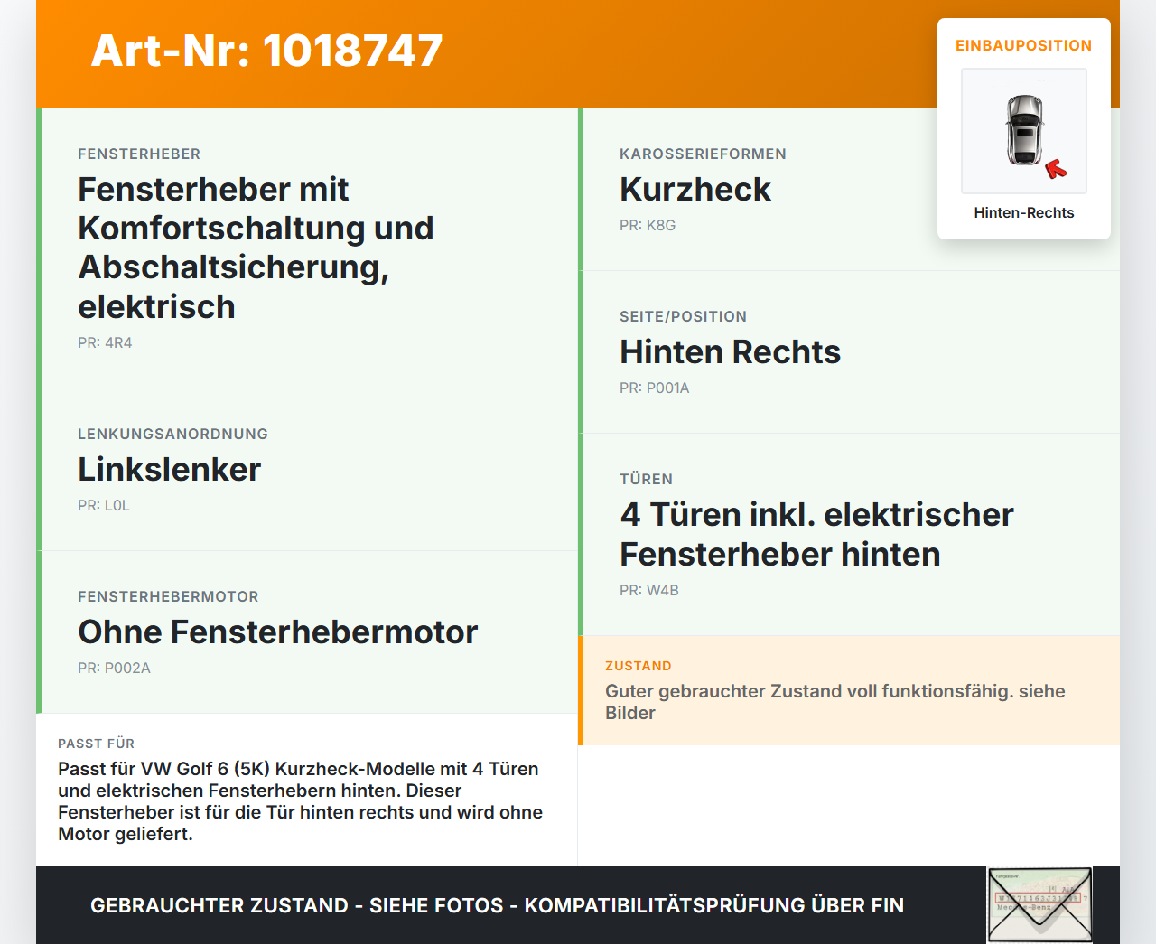 VW Golf 6 VI 5K 08-12 5T Fensterheber o. FH-Motor Hinten Rechts VW Golf 6 VI 5K 08-12 15.06.2011 5K4839730J... Vorschau 3
