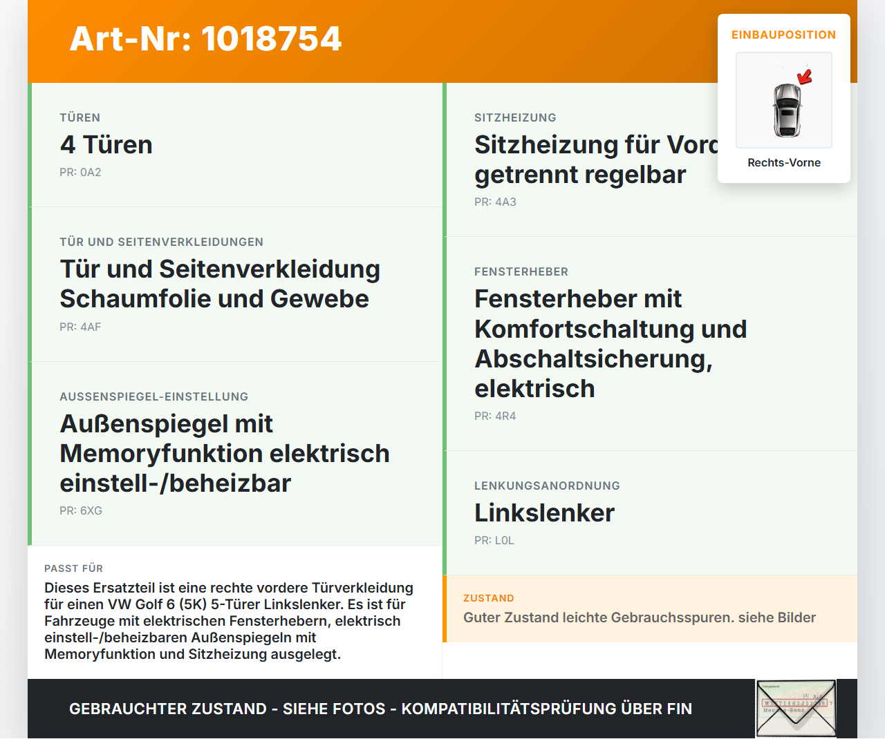VW Golf 6 VI 5K 08-12 5T Türverkleidung Türpappe Rechts Vorne VW Golf 6 VI 5K 08-12 15.06.2011 5K4867011BK... Vorschau 3