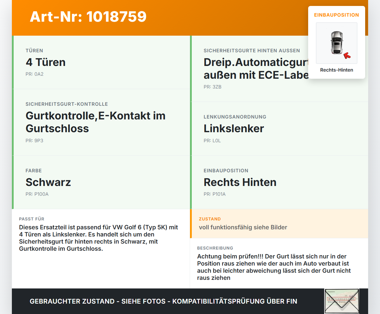 VW Golf 6 VI 5K 08-12 5T Gurt Sicherheitsgurt Rechts Hinten Schwarz VW Golf 6 VI 5K 08-12 15.06.2011 1K6857806AA... Vorschau 3