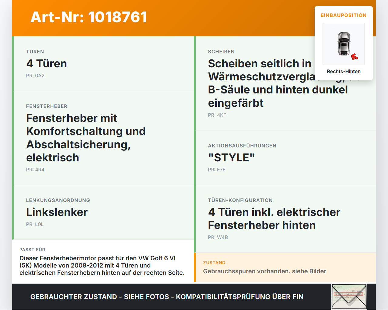 VW Golf 6 VI 5K 08-12 5T Fensterhebermotor mit Fensterheber Rechts Hinten VW Golf 6 VI 5K 08-12 15.06.2011... Vorschau 3