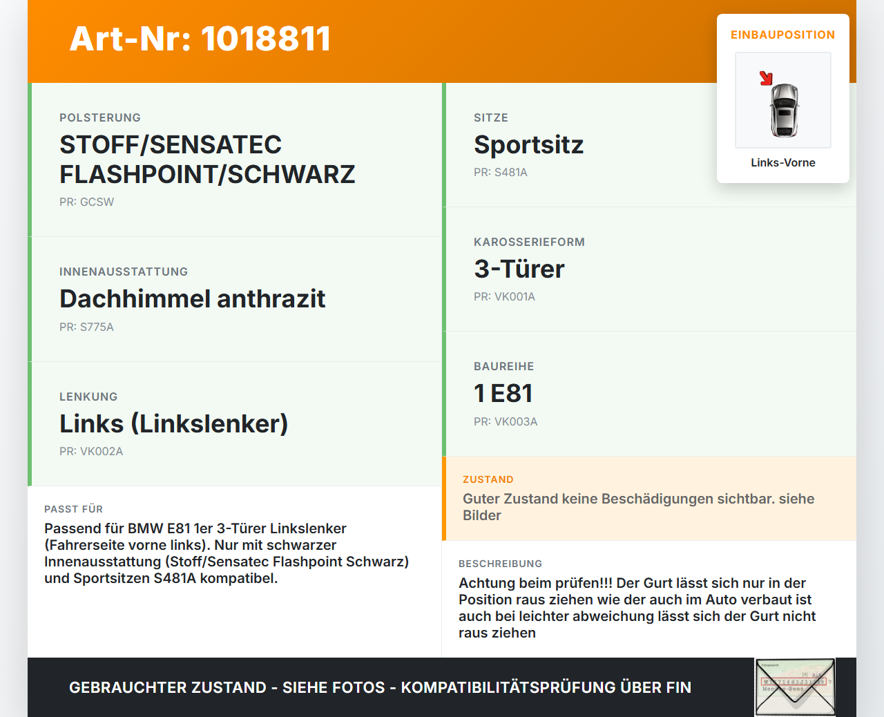 BMW E81 1er 120d 07-12 3 Türer Gurt Sicherheitsgurt m. Gurtstraffer für Fahrer Links Vorne BMW E81 1er 120d 07-12... Vorschau 3