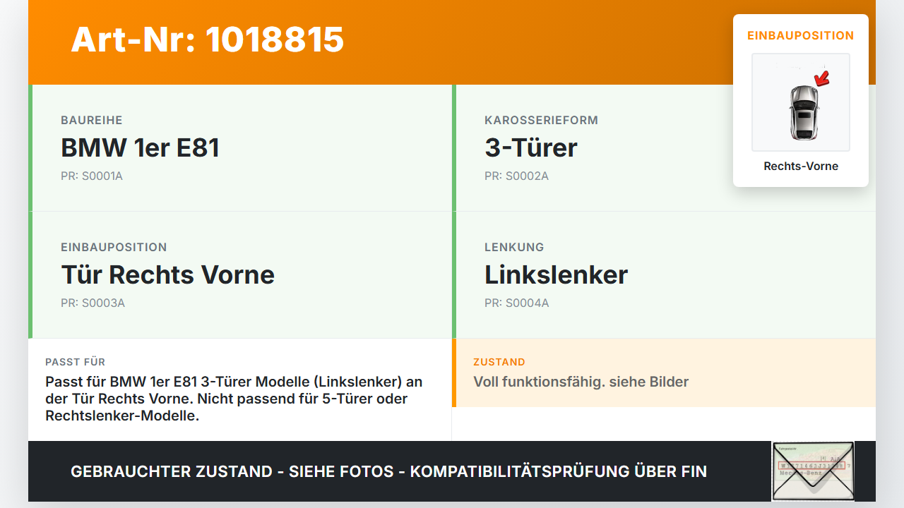 BMW E81 1er 120d 07-12 3 Türer Türfangband Türbremse Türanschlag Rechts Vorne BMW E81 1er 120d 07-12 26.10.2007... Vorschau 3