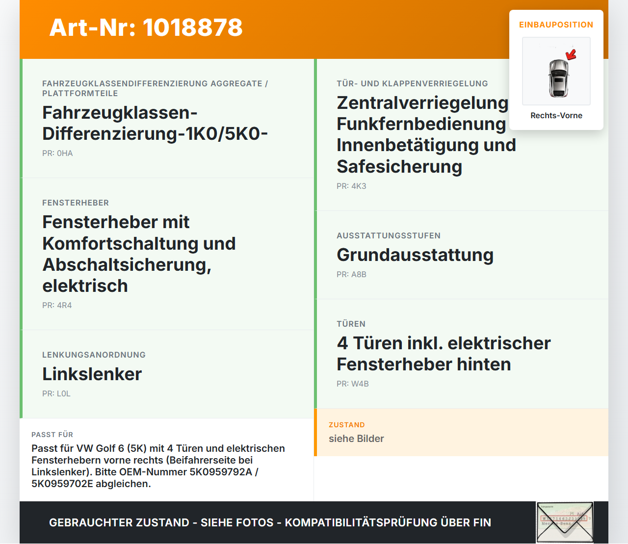 VW Golf 6 VI 5K 08-12 5T Fensterhebermotor Rechts Vorne VW Golf 6 VI 5K 08-12 15.06.2011 5K0959792A 5K0959702E... Vorschau 3