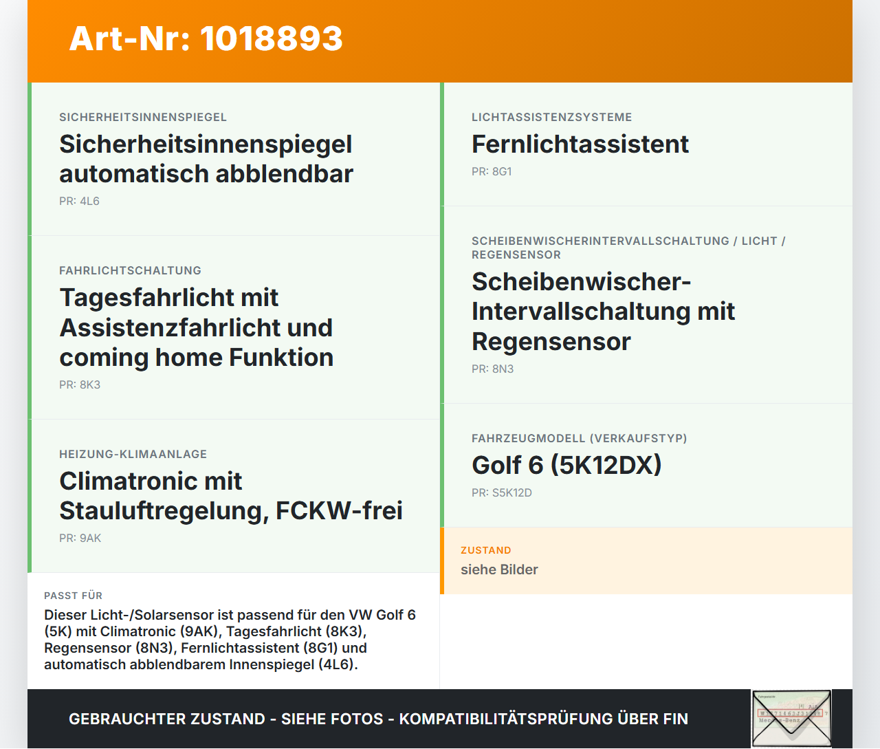 VW Golf 6 VI 5K 08-12 1,2 77KW Sensor Lichtsensor Solarsensor VW Golf 6 VI 5K 08-12 15.06.2011 gebraucht Vorschau 3