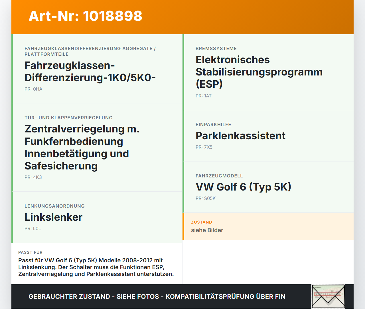 VW Golf 6 VI 5K 08-12 Warnblinkschalter Schalter VW Golf 6 VI 5K 08-12 15.06.2011 5K0953509A gebraucht Vorschau 3