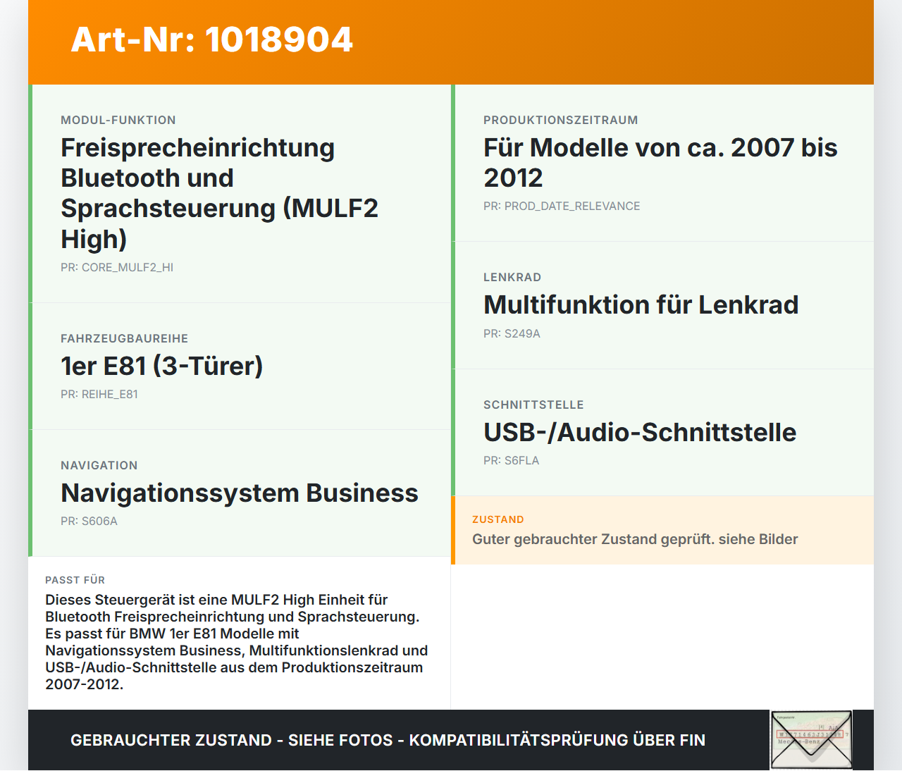 BMW E81 1er 120d 07-12 Steuergerät SG Modul Mulf2 High Basis SVS Bluetooth BMW E81 1er 120d 07-12 26.10.2007... Vorschau 3
