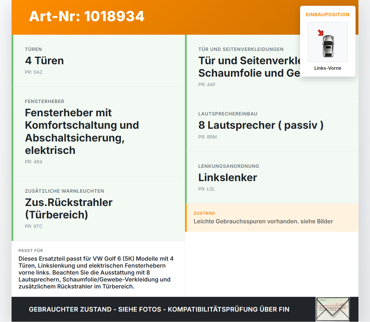 VW Golf 6 VI 5K 08-12 5T Türverkleidung Türpappe Links Vorne VW Golf 6 VI 5K 08-12 15.06.2011 5K4867011BK gebraucht Vorschau 3